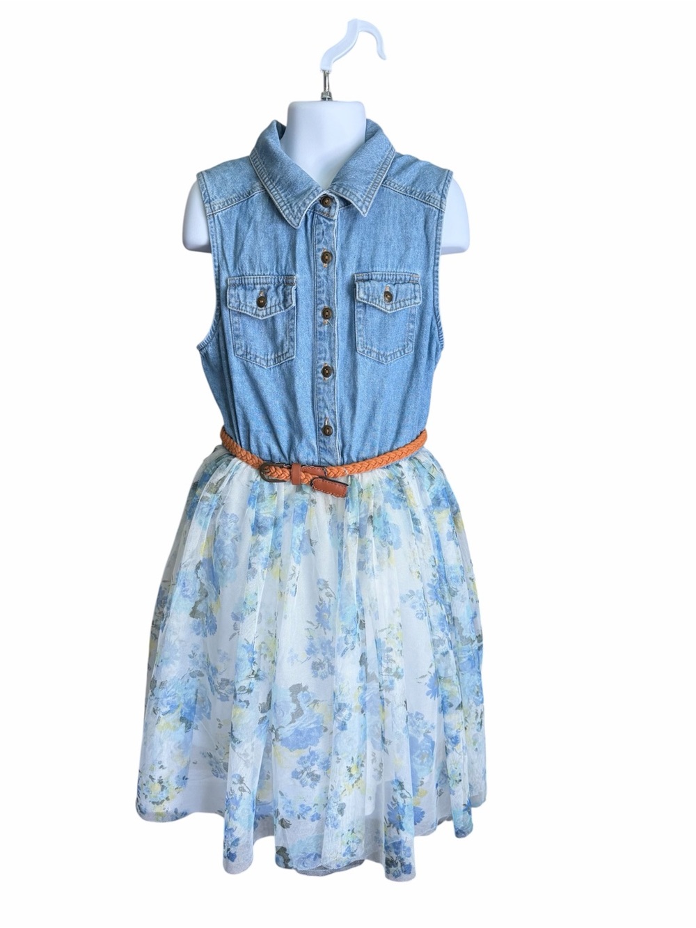 Sleeveless Denim Top Floral Dress with Braided Belt - Blue